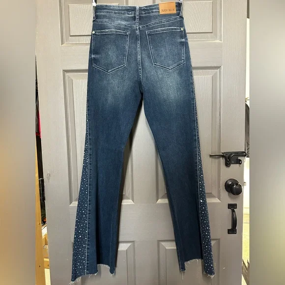 Judy Blue Women’s Dark Blue Flare Fit Jeans with Rhinestone Accents & Raw Hem - Picture 2 of 13